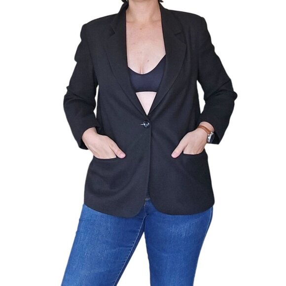 Sag Harbor Single Breast Black Blazer 100% Wool Women Size 14 Petite Suit Jacket - Picture 2 of 10